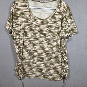Urban Rose Women's 3X Green Beige Space Dye Scoop Neck Ruched Drawstring T-Shirt